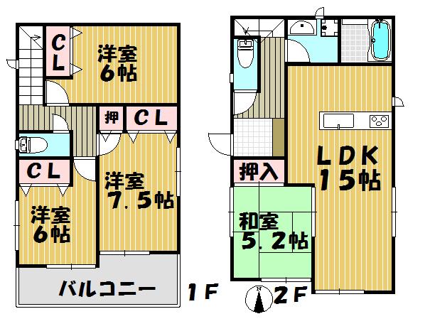 Floor plan. (Building 2), Price 29,800,000 yen, 4LDK, Land area 139.42 sq m , Building area 95.63 sq m