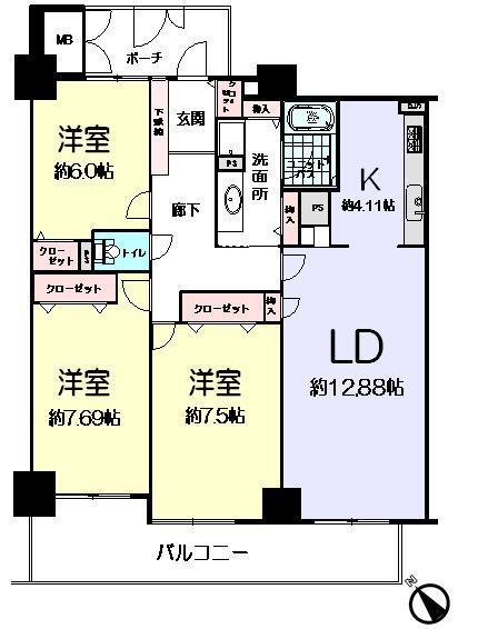 Floor plan. 3LDK, Price 38,800,000 yen, Occupied area 89.51 sq m , Balcony area 11.7 sq m
