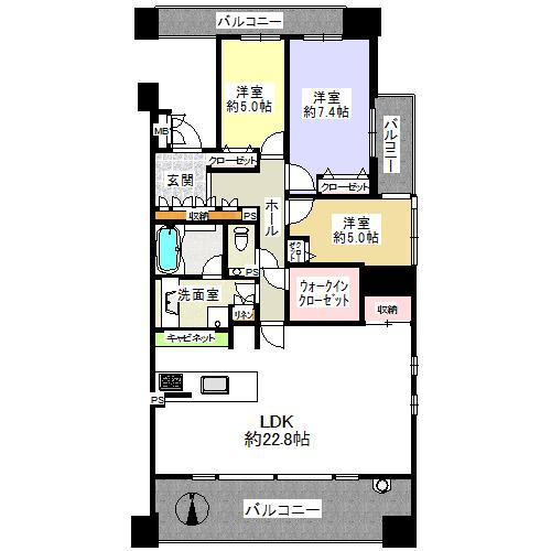 Floor plan. 3LDK, Price 48,600,000 yen, Occupied area 96.45 sq m , Bright, good floor plan airy balcony area 24.78 sq m three-sided lighting