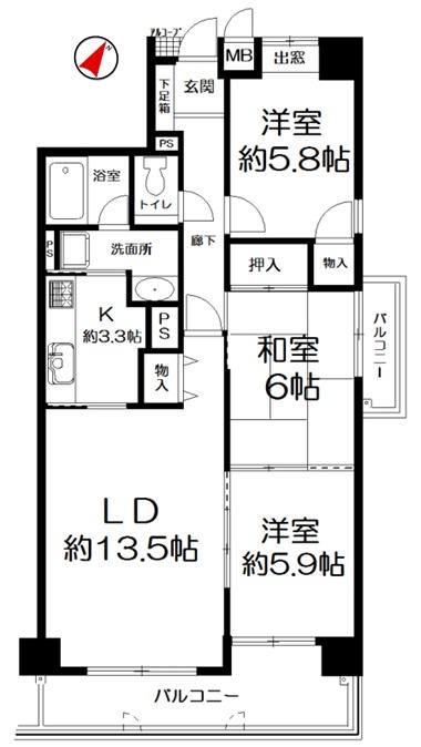 Floor plan. 3LDK, Price 22,300,000 yen, Footprint 75.7 sq m , Balcony area 12.44 sq m