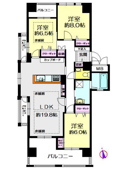 Floor plan. 3LDK, Price 37,900,000 yen, Occupied area 99.73 sq m , Balcony area 25.15 sq m