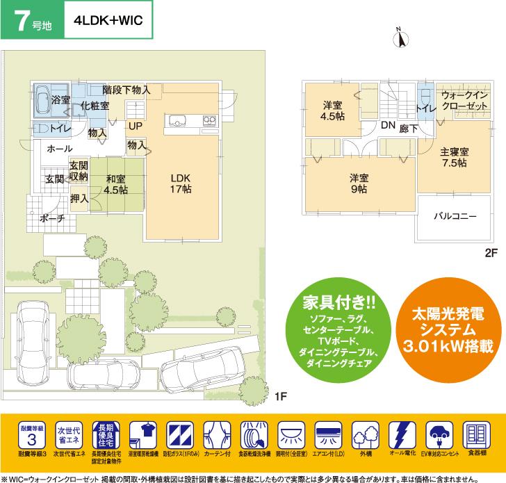 Floor plan.  [No. 7 land] So we have drawn on the basis of the Plan view] drawings, Plan and the outer structure ・ Planting, such as might actually differ slightly from. Also, The car is not included in the price.