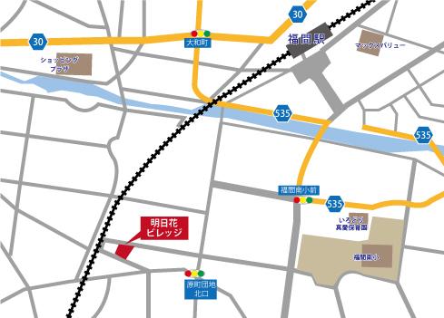 Local guide map. JR Fukuma a 12-minute walk to the Train Station!
