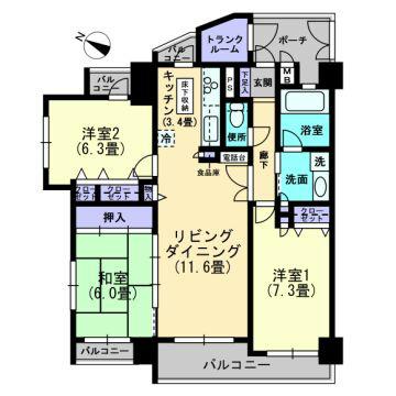 Floor plan. 3LDK, Price 14.9 million yen, Occupied area 76.59 sq m , Is a floor plan of the balcony area 12.73 sq m 3LDK