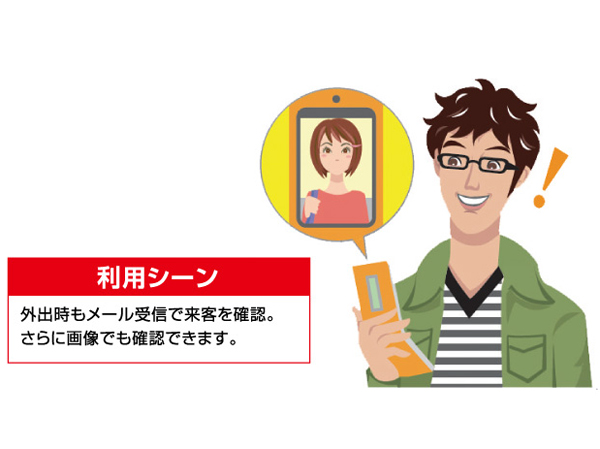 Security.  [Visitor-mail notification ・ Image confirmation] If there is a visitor to the shared entrance, Notification by e-mail to the registered mobile phone. It is also possible to confirm the image of the visitor. (Conceptual diagram)
