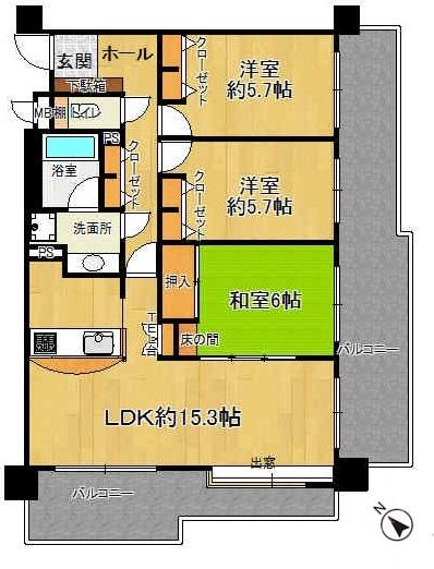 Floor plan. 3LDK, Price 13,900,000 yen, Occupied area 77.14 sq m , Balcony area 29.52 sq m square room, Bright floor plan facing the balcony