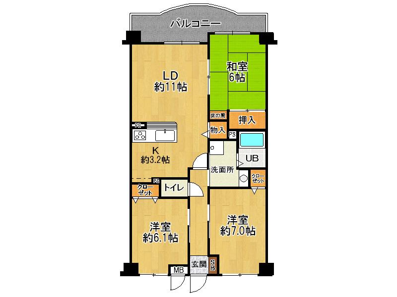 Floor plan. 3LDK, Price 6.8 million yen, Occupied area 70.76 sq m , Balcony area 9.71 sq m