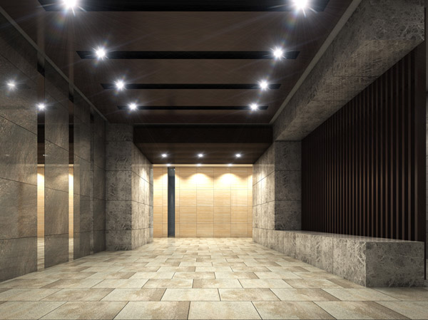 Shared facilities.  [Entrance hall] Entrance Hall of calm impression forget the hustle and bustle in front of the station. Walls are wrapped in soft light, floor, We finished the louver in the chic color ring. (Rendering)