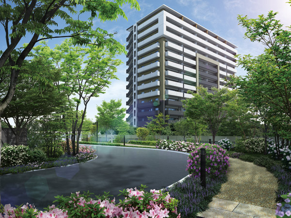 Shared facilities.  [Entrance approach] Entrance approach that has been colored by planting pleasing in the four seasons of expression. In the same property, which has secured a flat 置駐 car park of all households worth on site, Also considered the safety of live family and guests, It has adopted a step car isolation design. (Rendering)