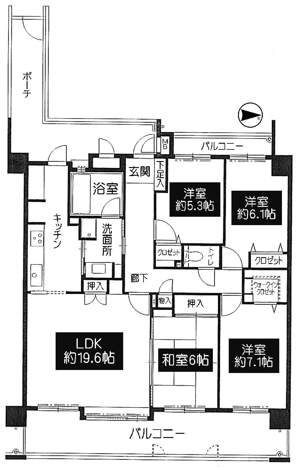 Floor plan. 4LDK, Price 18.9 million yen, Footprint 100.01 sq m , Balcony area 23.15 sq m walk-in closet Yes * storage have in each room * large living room of about 19.6 quires
