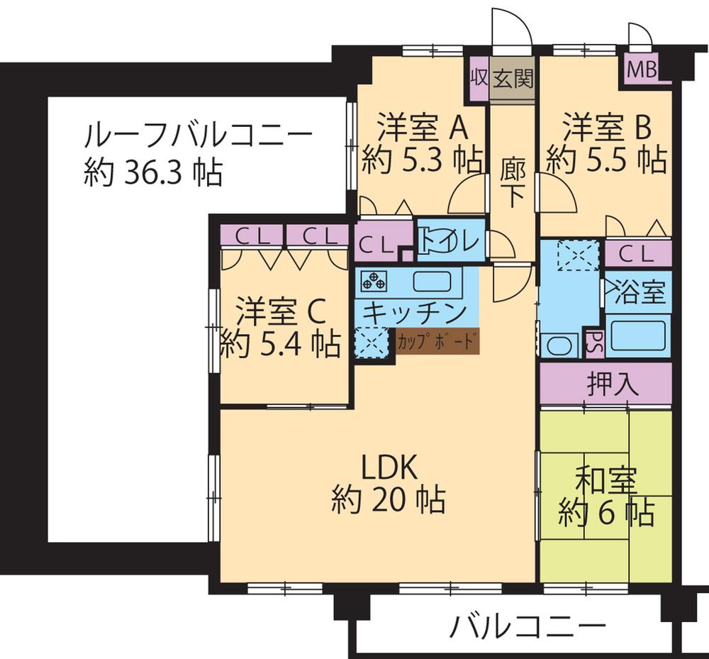 Floor plan. 4LDK, Price 17,900,000 yen, Occupied area 85.61 sq m , Balcony area 8.82 sq m 4LDK living space area 134 sq m more than! Wide ~ Have with roof balcony!