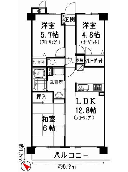 Floor plan. 3LDK, Price 8.8 million yen, Occupied area 63.72 sq m , Balcony area 8.85 sq m