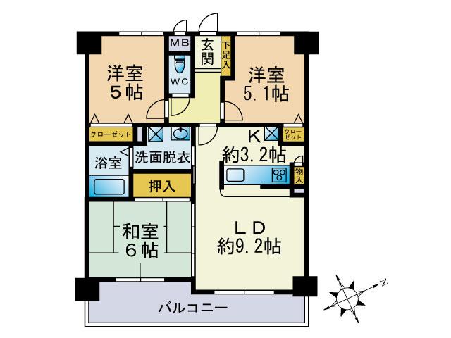 Floor plan. 3LDK, Price 8.5 million yen, Occupied area 62.24 sq m , Balcony area 9.54 sq m
