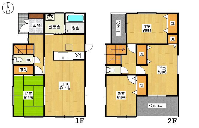 Floor plan. 25,800,000 yen, 4LDK, Land area 181.36 sq m , Building area 98.41 sq m 4LDK Two-sided balcony