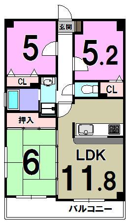 Floor plan. 3LDK, Price 11.8 million yen, Occupied area 60.11 sq m , Balcony area 7.65 sq m