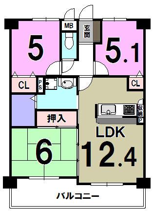 Floor plan. 3LDK, Price 8.5 million yen, Occupied area 62.24 sq m , Balcony area 9.54 sq m