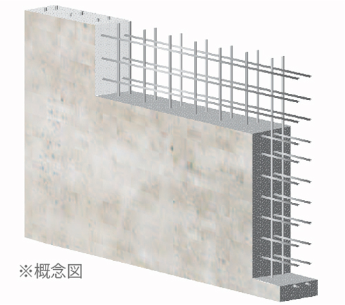 Building structure.  [Double reinforcement] Adopt a double reinforcement to partner the rebar of the shear wall to double. It is possible to obtain the strength of the resistance and the precursor to the earthquake, Also it improves soundproof effect from the fact that the wall also becomes thicker. (Conceptual diagram)