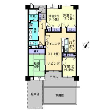 Floor plan. 3LDK, Price 13.8 million yen, Occupied area 80.62 sq m , Balcony area 14.4 sq m private garden ・ It is a plan of a private parking.