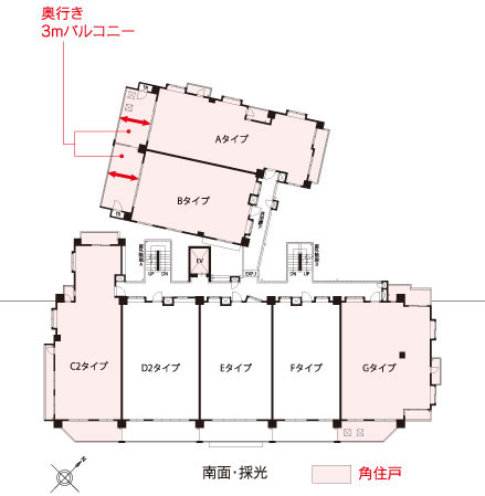 Shared facilities.  [Floor conceptual diagram] Daylighting ・ Rich corner dwelling unit with excellent ventilation. The two buildings construction, It was realized the corner dwelling units of 16 House in all 31 House. It captures the light and wind from three directions, Excellent corner dwelling unit to further independence, It is more and more plan.