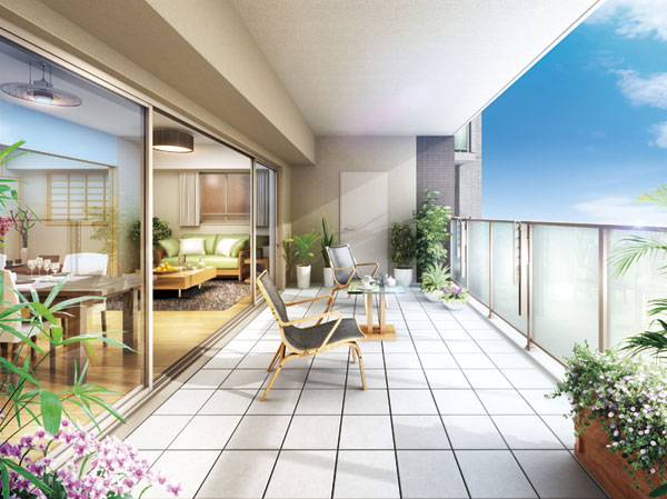 Shared facilities.  [balcony] Dwelling unit is also prepared to have a balcony of depth 3m. Glass handrail is adopted through the light, Guests can indulge in a further brightness and airy. (B type Rendering)