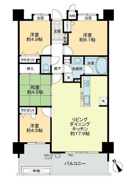 Floor plan. 4LDK, Price 18,800,000 yen, Occupied area 80.51 sq m , Balcony area 13.42 sq m