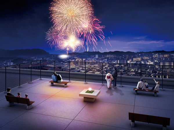 Features of the building.  [Sky View Garden] Fireworks display to be held at the moth Azukahinoto Park, From leisurely home. Directing us to such a luxurious life of the scene, Rooftop Sky View Garden (Rendering) ※ Use restriction Yes. For more details, until the attendant. Held the contents of the fireworks display are subject to change.