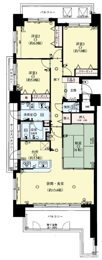 Floor plan. 4LDK, Price 19,800,000 yen, Occupied area 91.05 sq m , The balcony area 28.88 sq m entrance luxurious corner room that has the niche.