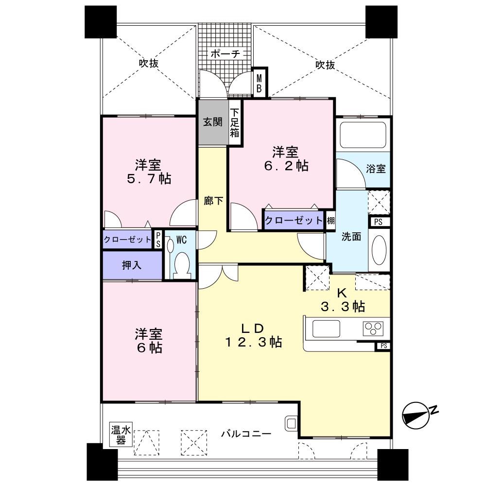 Floor plan. 3LDK, Price 16 million yen, Occupied area 76.33 sq m , Balcony area 14.4 sq m