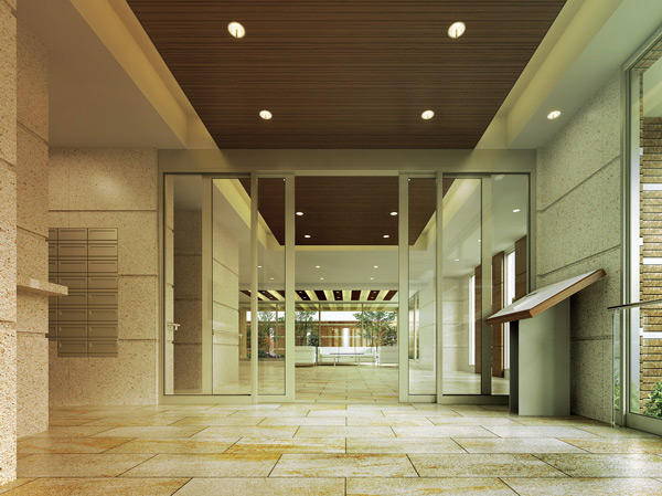 Shared facilities.  [Entrance Rendering] The other side of the entrance door, Encounter the entrance hall, which was wrapped in a spacious spread. wall ・ Ashirai luxurious tile on the floor, High-quality space to produce a calm appearance. Green planting project in the large windows also brilliantly, Warm, And welcomes the proud family.
