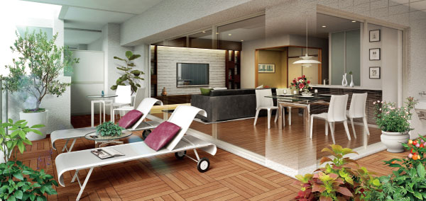 Room and equipment. Spacious 7.4 Pledge of open-air terrace balcony. Taking advantage of the breadth of the balcony, which boasts a depth 3m × 4m, Such as placing the deck chairs and table, You can enjoy the multi-purpose in accordance with the lifestyle of the family. (G type Rendering) ※ And it passes through the part wall or the like, In fact a slightly different.