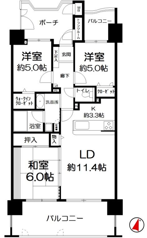 Floor plan. 3LDK, Price 19 million yen, Footprint 71.5 sq m , Balcony area 21.25 sq m