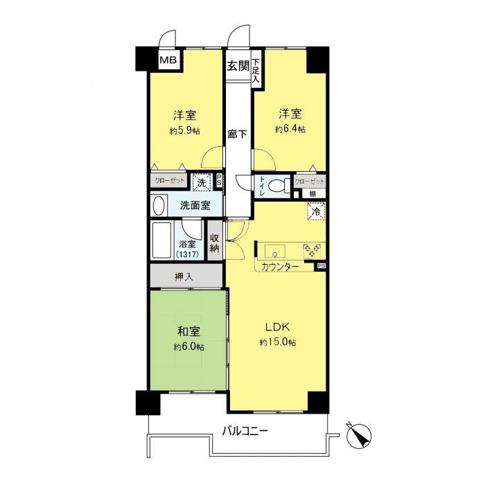 Floor plan. 3LDK, Price 13 million yen, Occupied area 74.02 sq m , Balcony area 9.57 sq m 3LDK