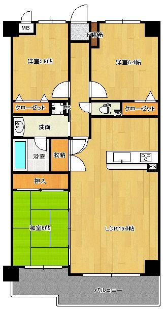 Floor plan. 3LDK, Price 13 million yen, Occupied area 74.02 sq m , 3LDK of balcony area 9.57 sq m southwest