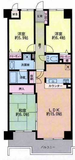 Floor plan. 3LDK, Price 13 million yen, Occupied area 74.02 sq m , Balcony area 9.57 sq m