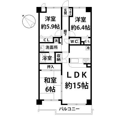 Floor plan. 3LDK, Price 13 million yen, Occupied area 74.02 sq m , Balcony area 9.57 sq m floor plan