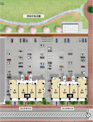 Buildings and facilities. W Building ・ It consists of two buildings of Building E "MJR Shingu center". All houses facing south, Flat 置駐 car park at 100% of the land plan (site layout)