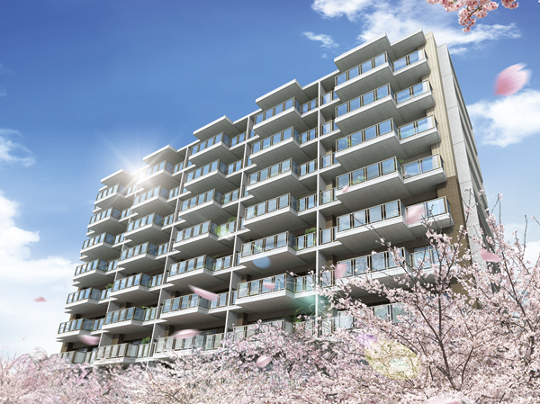 Features of the building.  [appearance] Shigeri trees and flowers in the surrounding area, Created a lush landscape, Sight of cherry blossoms in full bloom beautifully in the spring is just the time of bliss. Let linear balcony design feel the open feeling of the south distribution building, The contrast of the cherry color, As a landmark of this town and out to create the majestic stately form. (Exterior view)