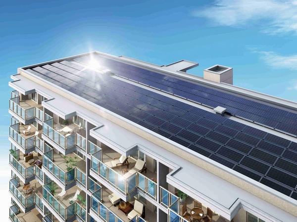 Solar panels installed on the roof is produced electricity from solar energy, Power transmission to each dwelling unit. Power conditioner which is installed in each dwelling unit is converted into AC electricity from DC, Supplied as household power (Rendering)