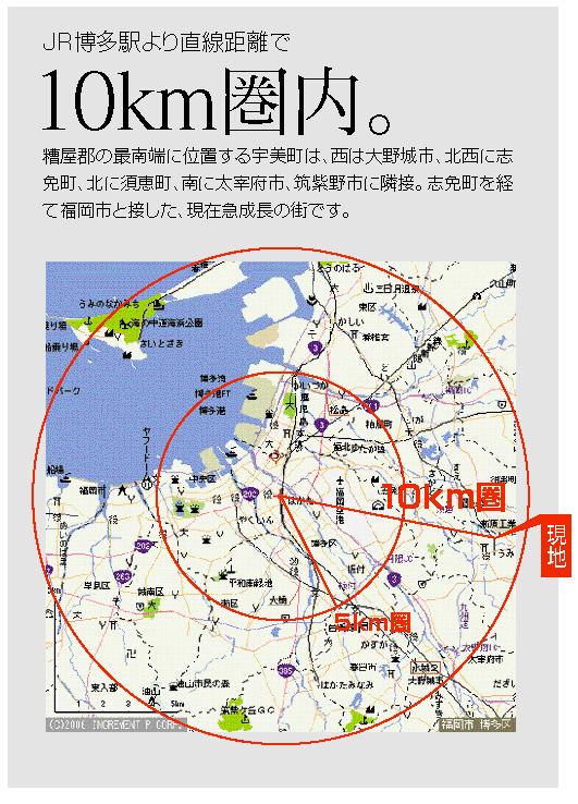Local guide map.  10KM is within a straight line from Hakata Station