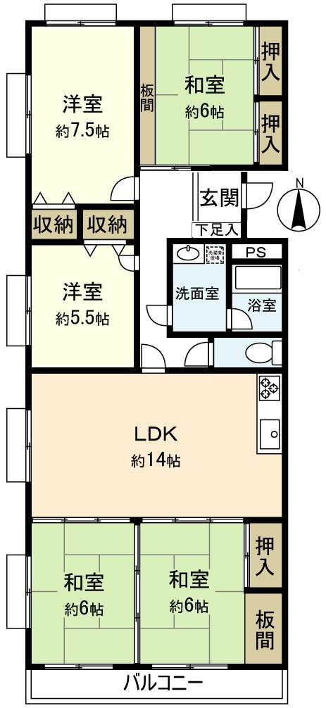 Floor plan. 5LDK, Price 12.7 million yen, Footprint 102.27 sq m , Balcony area 7.45 sq m