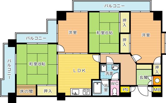 Floor plan. 4LDK, Price 6.9 million yen, Occupied area 85.75 sq m , Balcony area 16.3 sq m