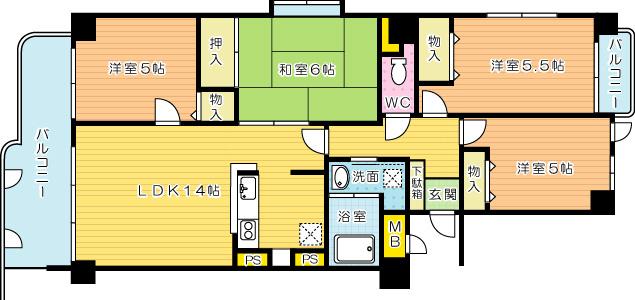 Floor plan. 4LDK, Price 8.9 million yen, Occupied area 74.54 sq m , Balcony area 18 sq m