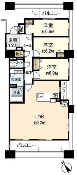 Floor plan. 3LDK, Price 22.5 million yen, Occupied area 98.54 sq m , Balcony area 20.59 sq m