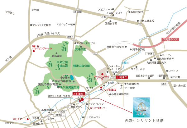 Surrounding environment. Ogura ・ Bus route to the Kurosaki direction, of course, Optimal location to reach by car in the city high-speed use, Itatsu. Including the right beside of Nishitetsu Store, Is a comfortable city life convenience facility has been enhanced. (Local guide map)