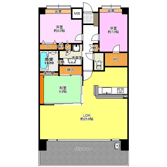 Floor plan. 3LDK, Price 23,300,000 yen, Footprint 103.34 sq m , Balcony area 24.9 sq m
