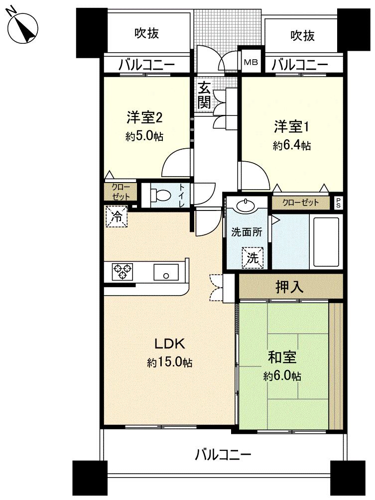 Floor plan. 3LDK, Price 12.8 million yen, Occupied area 72.73 sq m , Balcony area 13.76 sq m