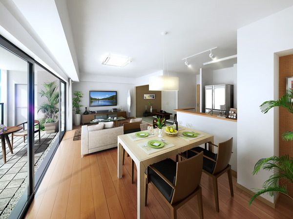 Room and equipment. living ・ dining ・ Floor plan which arranged leisurely facing the kitchen to the balcony, Family was realized the breadth relaxing with a smile. Such as the type that there is a window in the kitchen and bathroom, Also full of ideas that you're willing to live comfortably in the water around. (C type living ・ Dining Rendering)