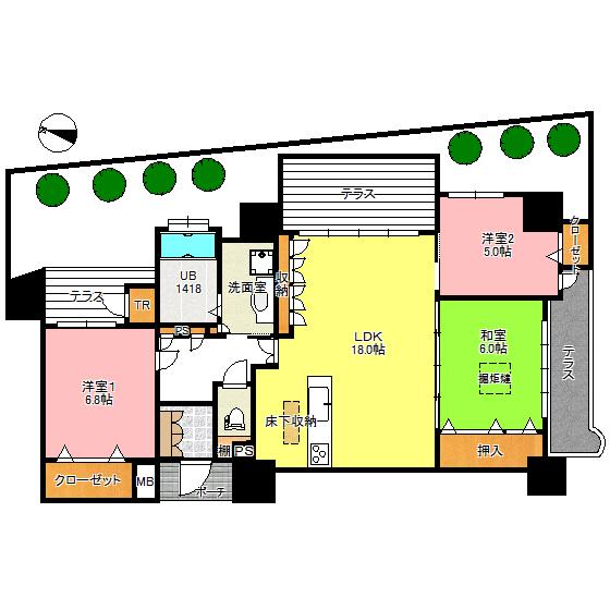 Floor plan. 3LDK, Price 16.7 million yen, Occupied area 85.21 sq m ◎ trunk room ◎ underfloor storage ◎ moat your stand ◎ terrace ◎ private garden ◎