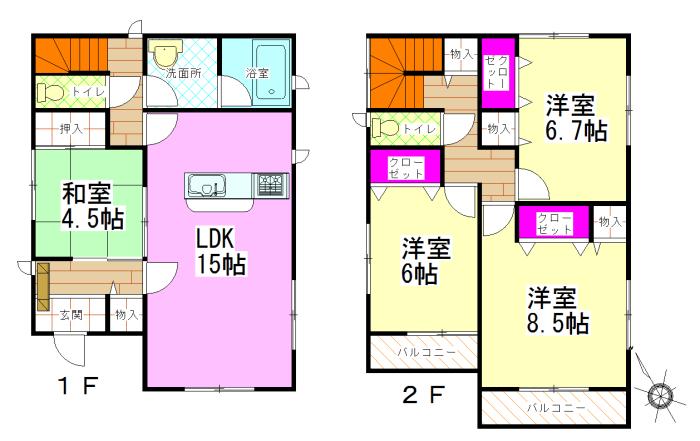 Floor plan. (2-2 Building), Price 18,800,000 yen, 4LDK, Land area 189.77 sq m , Building area 100.44 sq m