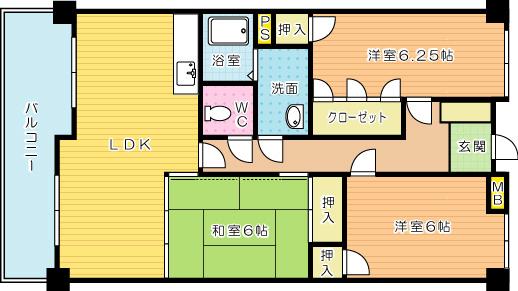 Floor plan. 3LDK, Price 11.6 million yen, Occupied area 62.95 sq m , Balcony area 8 sq m